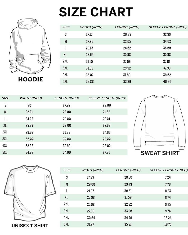 May include: Size chart for hoodies, sweatshirts, and unisex t-shirts. Measurements are in inches for width, length, and sleeve length, ranging from size S to 5XL. Includes diagrams of each garment type.