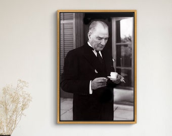 Atatürk Drinking Turkish Coffee Wall Art Canvas Print, Drinking Turkish Coffee Atatürk Floater Frames for Canvas Prints, Ready To Hang