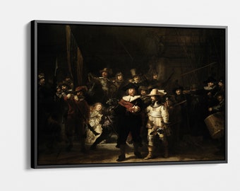 May include: A framed print of Rembrandt's "The Night Watch" features a group of figures in dark clothing and hats, illuminated by a central light source. The painting depicts a historical scene with detailed costumes and weaponry.