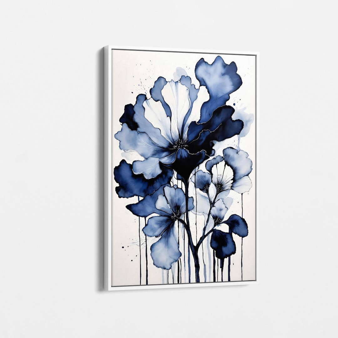 Blue Abstract Floral Art Print - Modern Watercolor Flower Canvas Wall ...