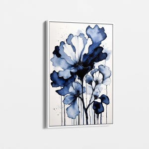 Blue Abstract Floral Art Print - Modern Watercolor Flower Canvas Wall Art, Elegant Botanical Decor for Contemporary Spaces