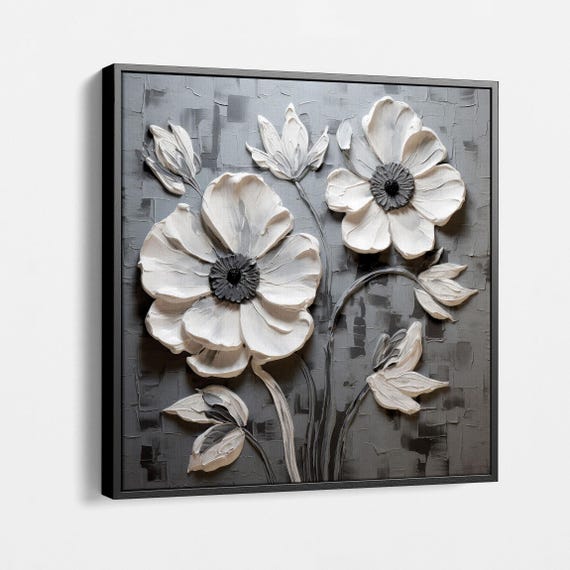 Textured 3D Floral Canvas Art, Gray and White Flower Wall Decor