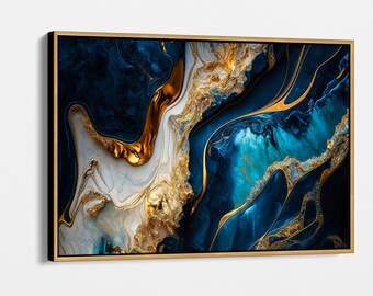 Abstract Blue and Gold Marble Canvas Print - Modern Wall Art for Living Room, Office, Bedroom - Elegant Home Decor, Framed Wall Canvas Print