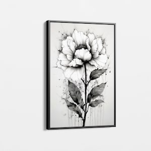 Monochrome Flower Canvas Print | Black and White Botanical Wall Art | Elegant Floral Digital Decor for Living Room, Bedroom, Office