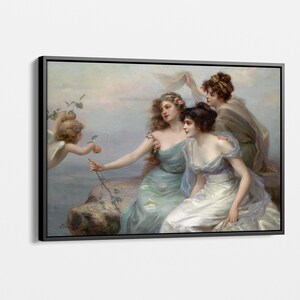 May include: A painting of three women in flowing gowns, with a cherub offering a fruit to one of the women. The women are posed in a romantic setting, with a cloudy sky and a rocky outcrop in the background.