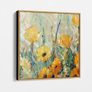 Yellow Floral Abstract Digital Print on Cotton Canvas, Vibrant Flower Art for Living Room or Bedroom Decor, Modern Yellow Floral Wall Art