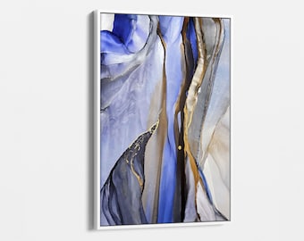 Arte de pared abstracto en lienzo azul y dorado, decoración de pared moderna, pintura en lienzo, arte vertical grande para sala de estar u oficina, idea de regalo, arte azul