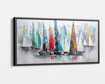 Colorful Sailboats Abstract Art Print  Modern Nautical Canvas Wall Art, Vibrant Coastal Decor for Contemporary Spaces Home Office Wall Decor