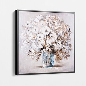 White Floral Abstract Digital Print on Cotton Canvas, Neutral Flower Art for Living Room or Bedroom Decor, Elegant Modern Wall Art