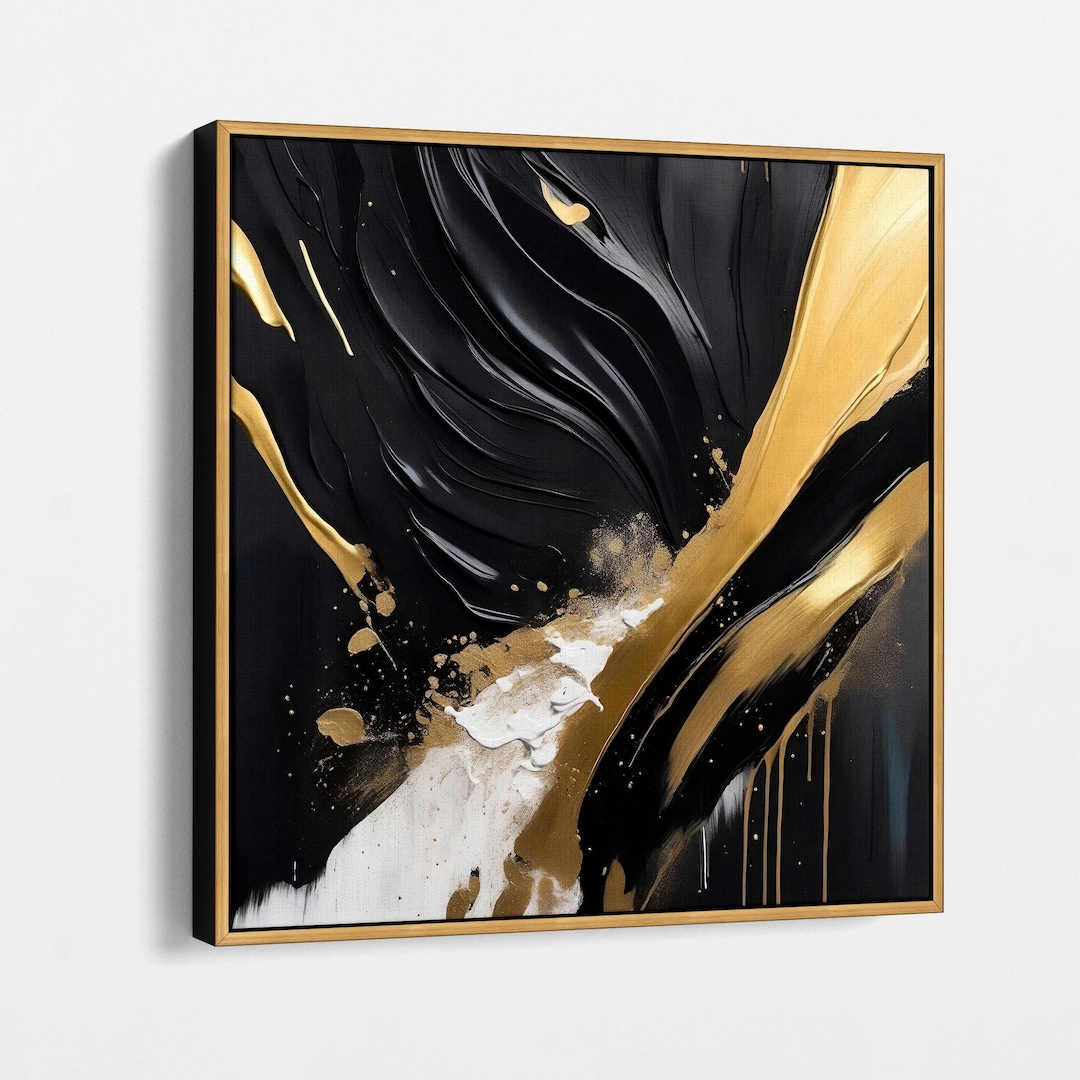 Luxury Abstract Canvas Art With Bold Black and Gold Accents, Modern ...