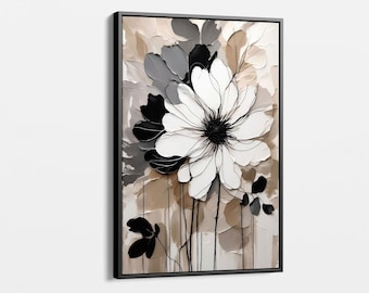 Elegant Neutral Floral Canvas Print | Modern Black and Beige Flower Wall Art | Botanical Digital Decor for Living Room, Bedroom, Office