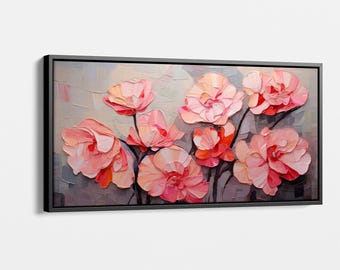 Elegant Pink and Coral Floral Canvas Art, Modern Flower Wall Decor, Vibrant Botanical Print, Large Floral Artwork for Living Room or Bedroom