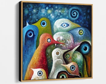 Whimsical Bird Canvas Art, Colorful Surreal Animal Artwork, Unique Square Wall Decor for Living Room or Nursery, Large Modern Print