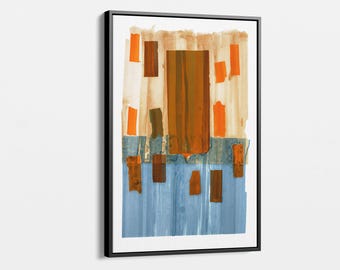 Abstract Geometric Canvas Art in Orange and Blue, Modern Minimalist Wall Decor for Home or Office