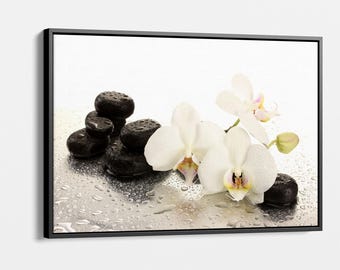 Zen Orkidé och stenar Canvastavla - Lugn spa-väggdekoration - Fridfull naturinspirerad konst för vardagsrum, sovrum, kontor