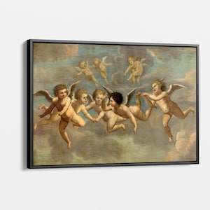 Puede incluir: Una pintura de siete querubines volando en un cielo nublado. Los querubines están representados con alas y en varias poses, algunos se toman de la mano y otros vuelan solos. La pintura está realizada en un estilo realista y los colores son apagados.