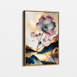 Luxury Gold and Pink Floral Canvas Art - Modern Abstract Flower Wall Decor for Elegant Living Rooms or Bedrooms, Floral Canvas Wall Art