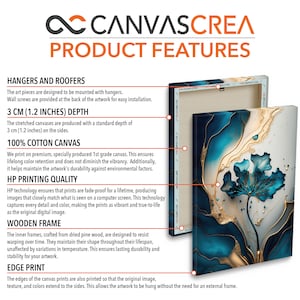 May include: A close-up of a canvas print with a blue and gold abstract design. The print is stretched on a wooden frame and has a depth of 1.2 inches. The print is fade-proof and the edges are printed to match the original image.