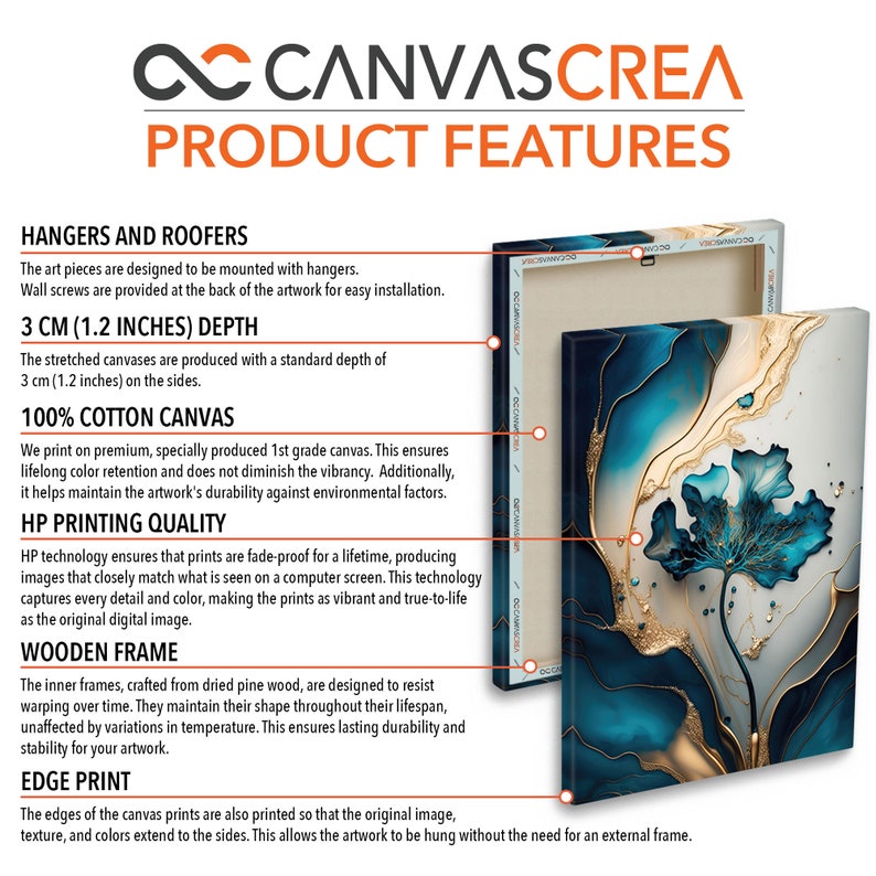 May include: A close-up of a canvas print with a blue and gold abstract design. The print is stretched on a wooden frame and has a depth of 1.2 inches. The print is fade-proof and the edges are printed to match the original image.