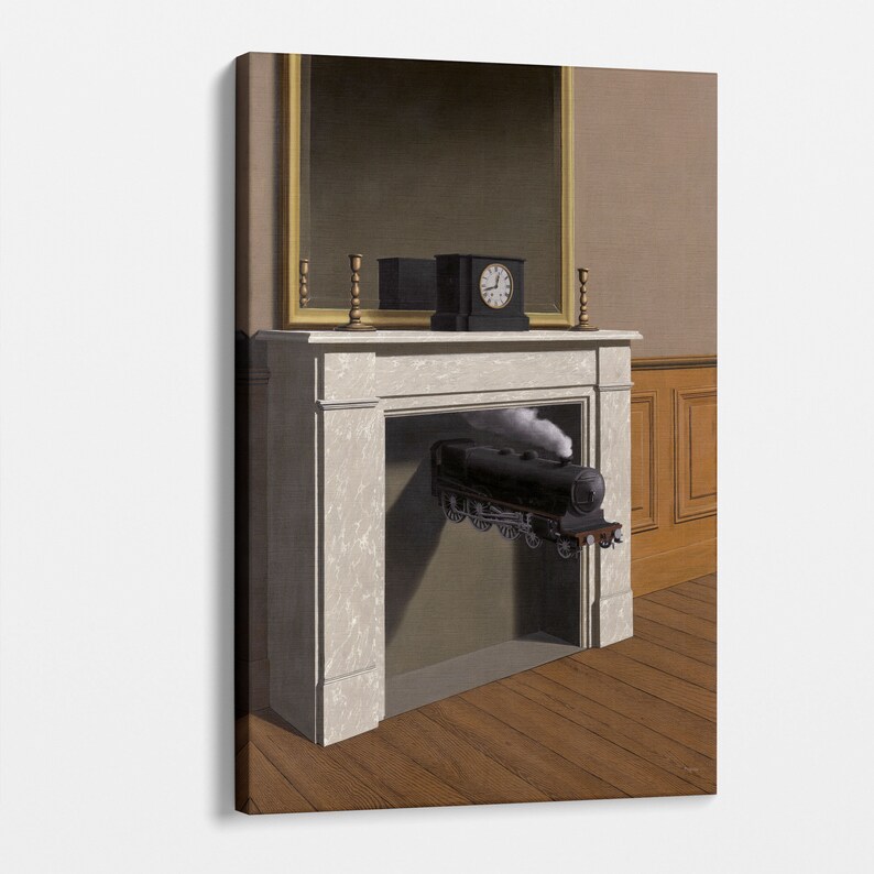 May include: A surrealist painting depicting a black steam locomotive emerging from a fireplace in a room with a clock and a mirror.