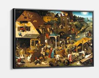 May include: A detailed oil painting depicting a bustling medieval village scene with many figures engaged in various activities. The painting features a large, multi-story building with a red roof and a variety of smaller buildings and structures. There are people walking, talking, working, and playing in the streets and squares. The painting is full of life and movement, and it is a testament to the artist's skill and imagination.