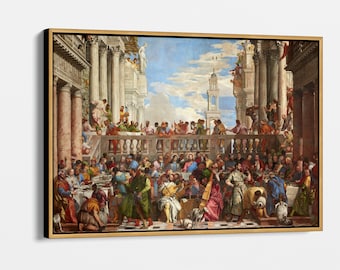 May include: A painting depicting a large group of people gathered around a long table, set in a grand, architectural setting. The scene is filled with vibrant colors and intricate details, showcasing a lively gathering.