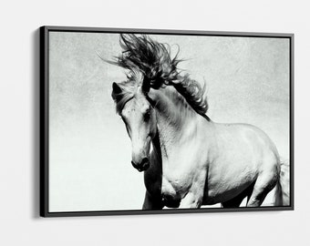 黒と白の馬のキャンバスアート - 雄大な野生の種馬の壁装飾 - モダンな家、オフィス、リビングルームのためのエレガントな馬の写真