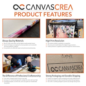 May include: Canvas prints with high-quality materials and professional craftsmanship. The image shows a close-up of a canvas print with a wooden frame, a high-resolution print, and a professional packaging and shipping process. The text "CANVASCREA" is visible in the image.
