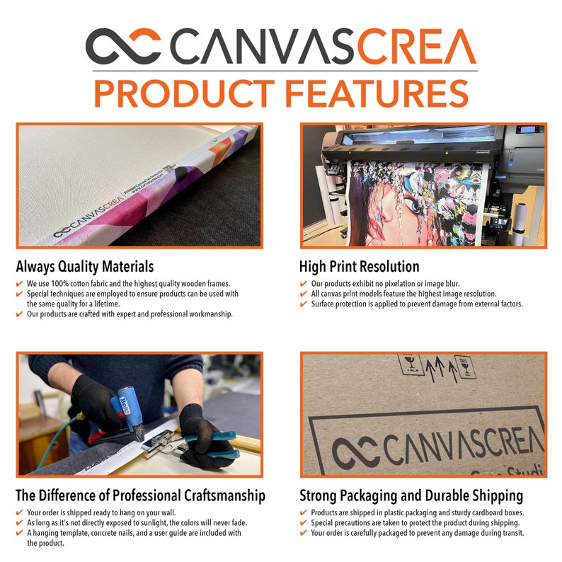 May include: Canvas prints with high-quality materials and professional craftsmanship. The image shows a close-up of a canvas print with a wooden frame, a high-resolution print, and a professional packaging and shipping process. The text "CANVASCREA" is visible in the image.