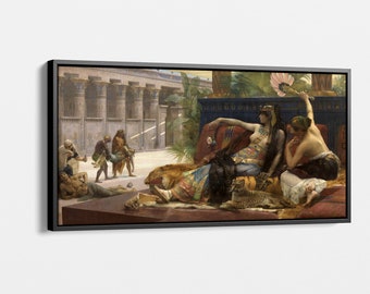 Puede incluir: Una pintura que representa una escena del antiguo Egipto. Dos mujeres están sentadas en un trono, rodeadas de sirvientes y animales. Las mujeres están ricamente vestidas con túnicas y joyas coloridas. La escena está ambientada en un gran palacio con columnas y detalles intrincados.