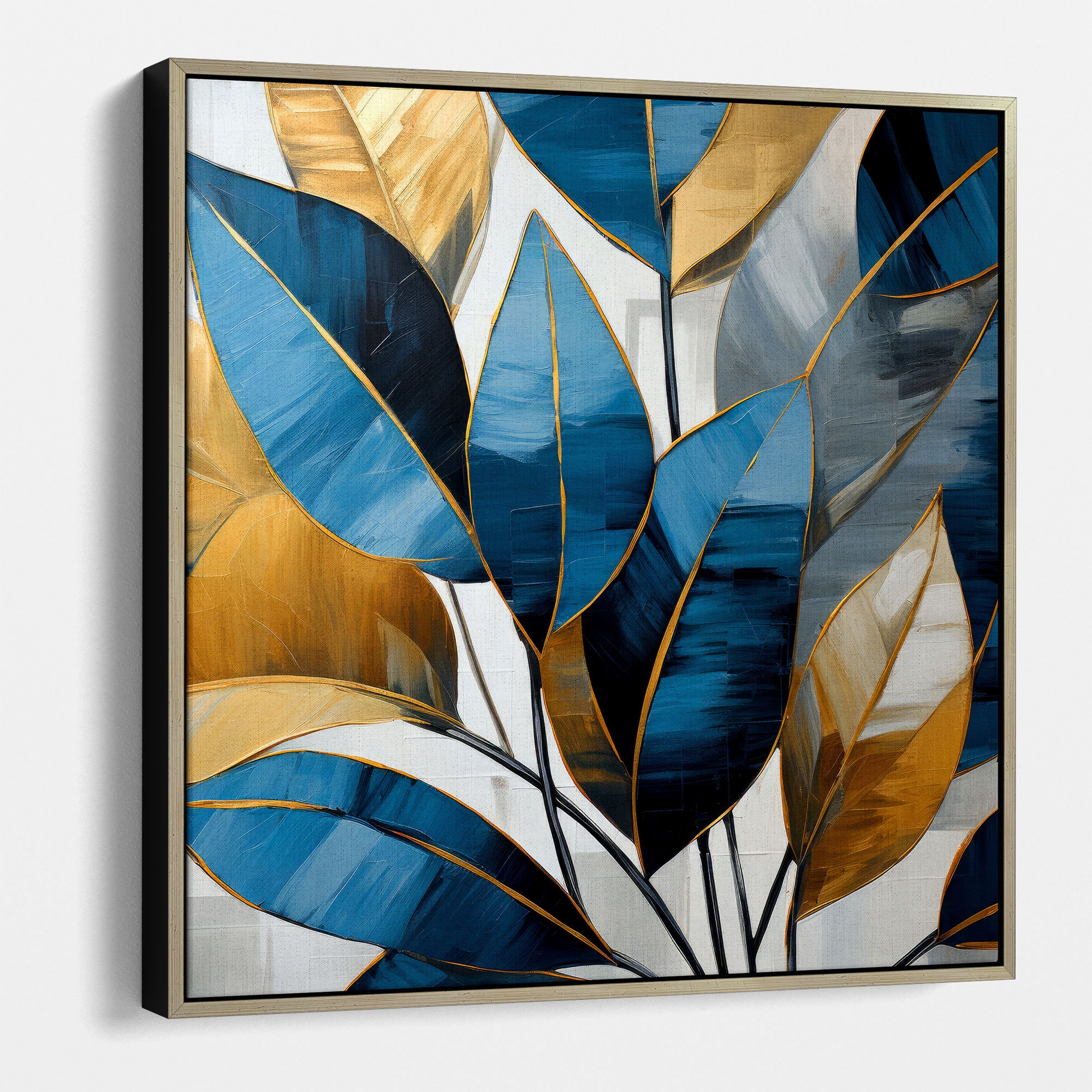 Modern Abstract Blue and Gold Leaf Canvas Art for Luxury Home and ...