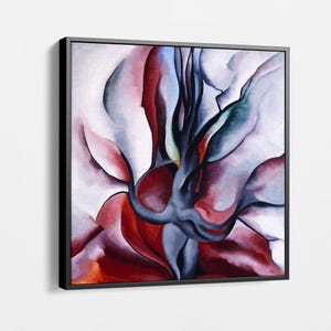 May include: Abstract painting of a tree with a thick trunk and branches, painted in shades of red, blue, and white.