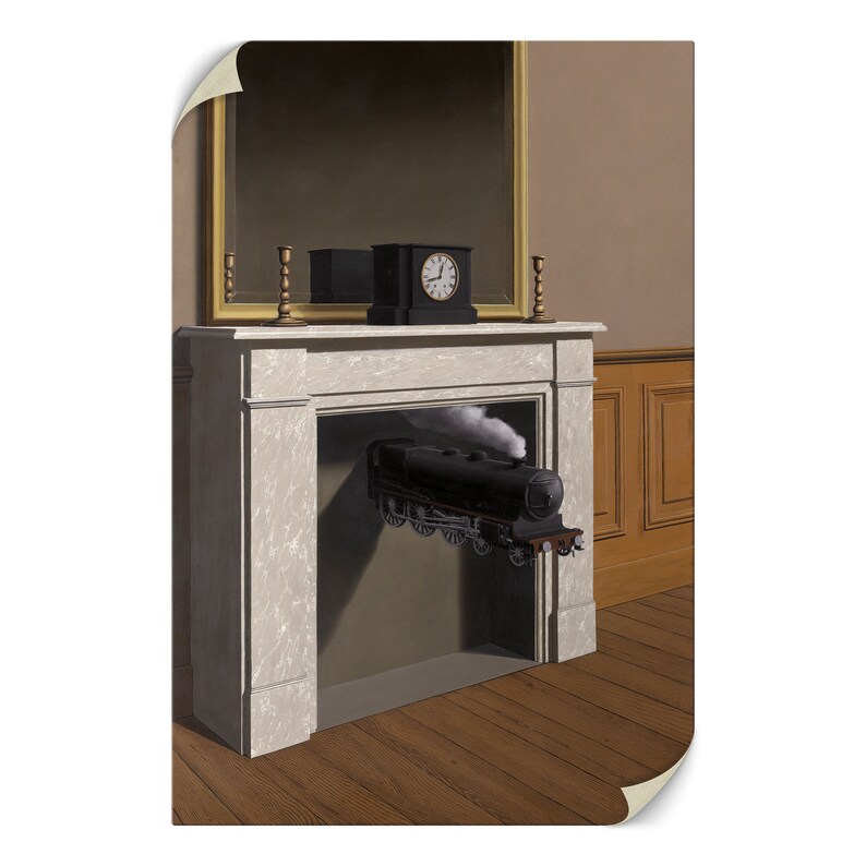 May include: A black steam locomotive emerges from a fireplace in a surrealist painting. The locomotive is partially obscured by smoke and is positioned in front of a white marble fireplace with a clock on the mantel.