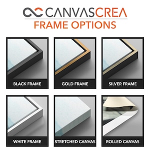 May include: A comparison of different framing options for canvas prints. The options include black, gold, silver, and white frames, as well as stretched and rolled canvas.