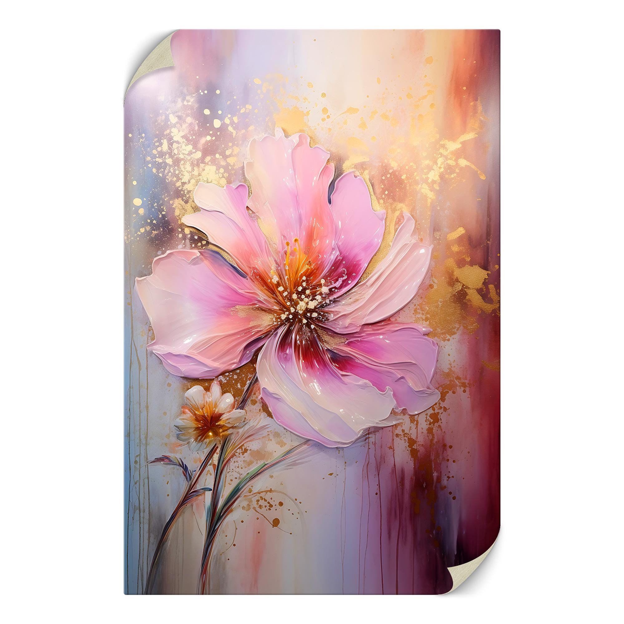 Vibrant Pink and Gold Floral Canvas Art, Abstract Flower