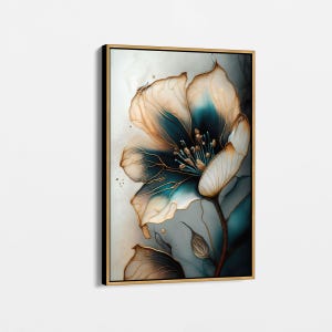 Luxury Teal and Gold Floral Canvas Art - Elegant Flower Wall Decor for Modern Living Rooms or Bedrooms, Floral Canvas Wall Art Framed Print
