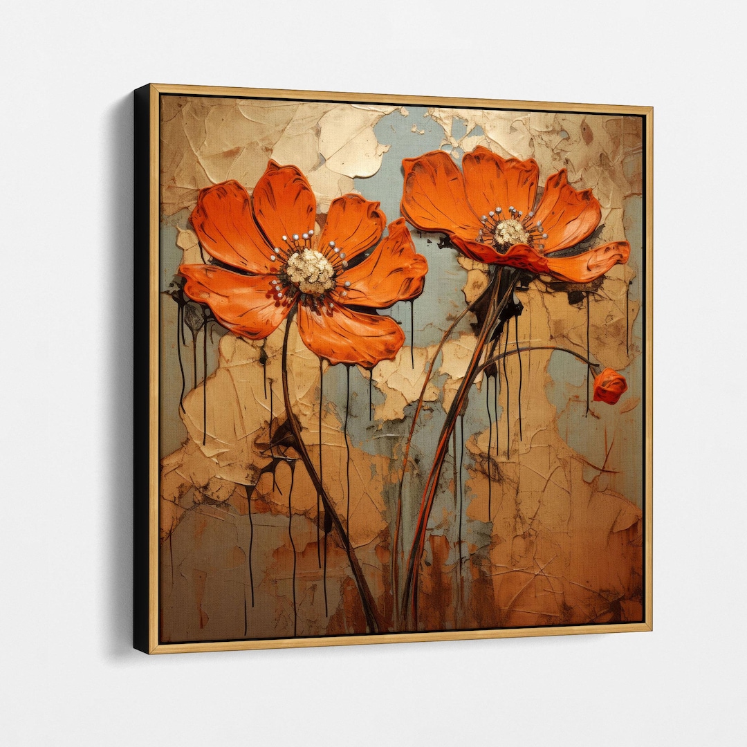 Bold Orange Floral Canvas Art, Rustic Flower Wall Decor, Modern ...