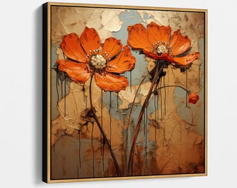 Bold Orange Floral Canvas Art, Rustic Flower Wall Decor, Modern Botanical Print, Burnt Orange Petals Artwork, Large Canvas for Living Room
