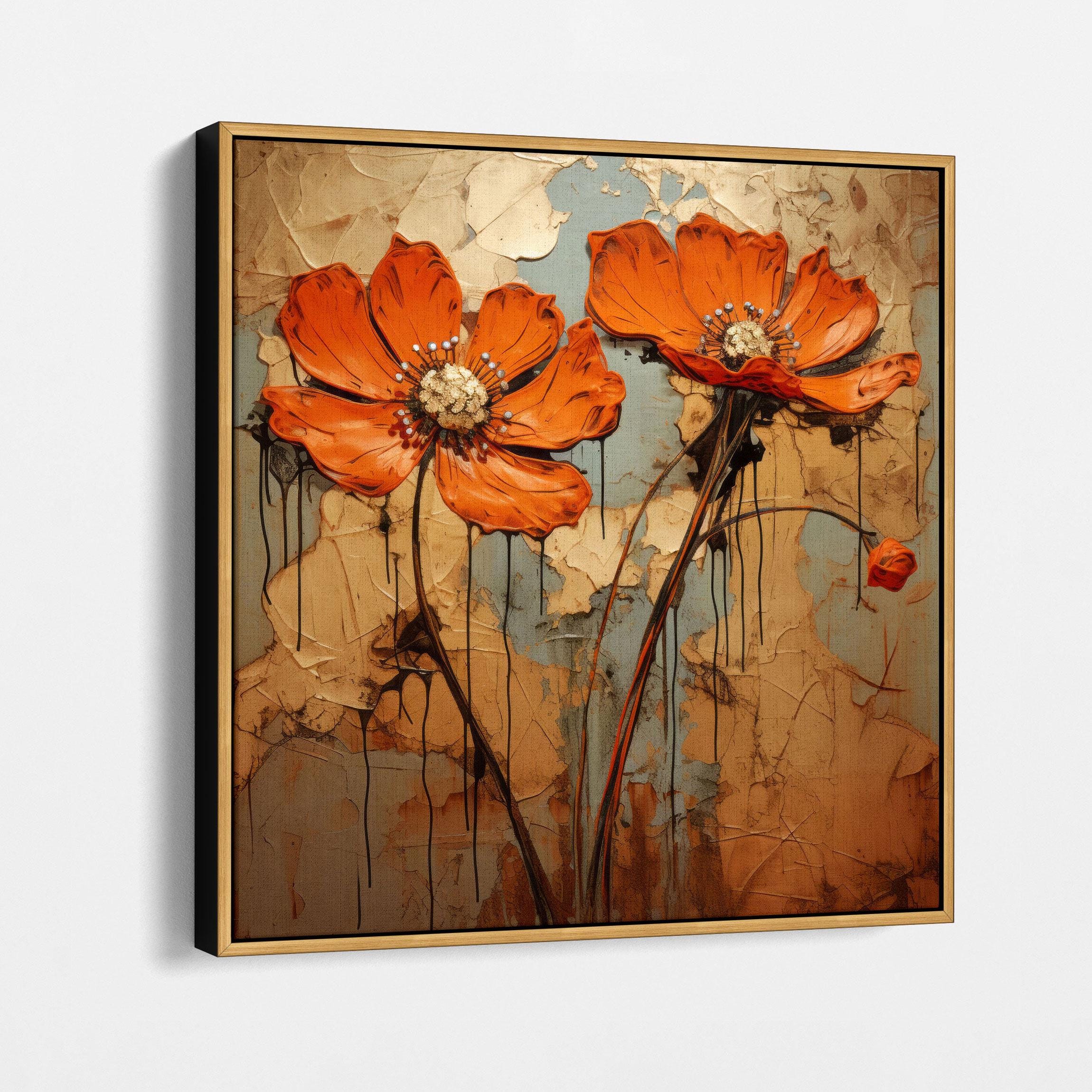 Bold Orange Floral Canvas Art, Rustic Flower Wall Decor, Modern