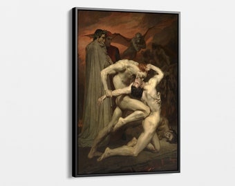 May include: A painting depicting a scene from Dante's Inferno. Two nude figures grapple in a fiery underworld, while a figure in a white robe observes. The scene is filled with dramatic lighting and a sense of chaos.