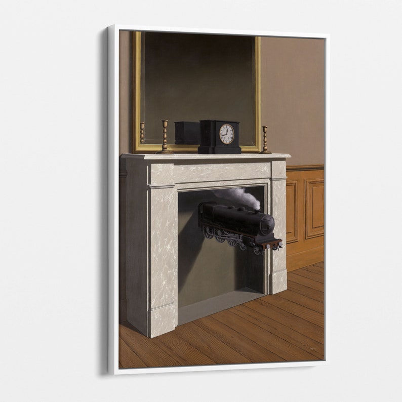 May include: A surrealist painting depicting a black steam locomotive emerging from a fireplace in a room with a clock and a mirror.