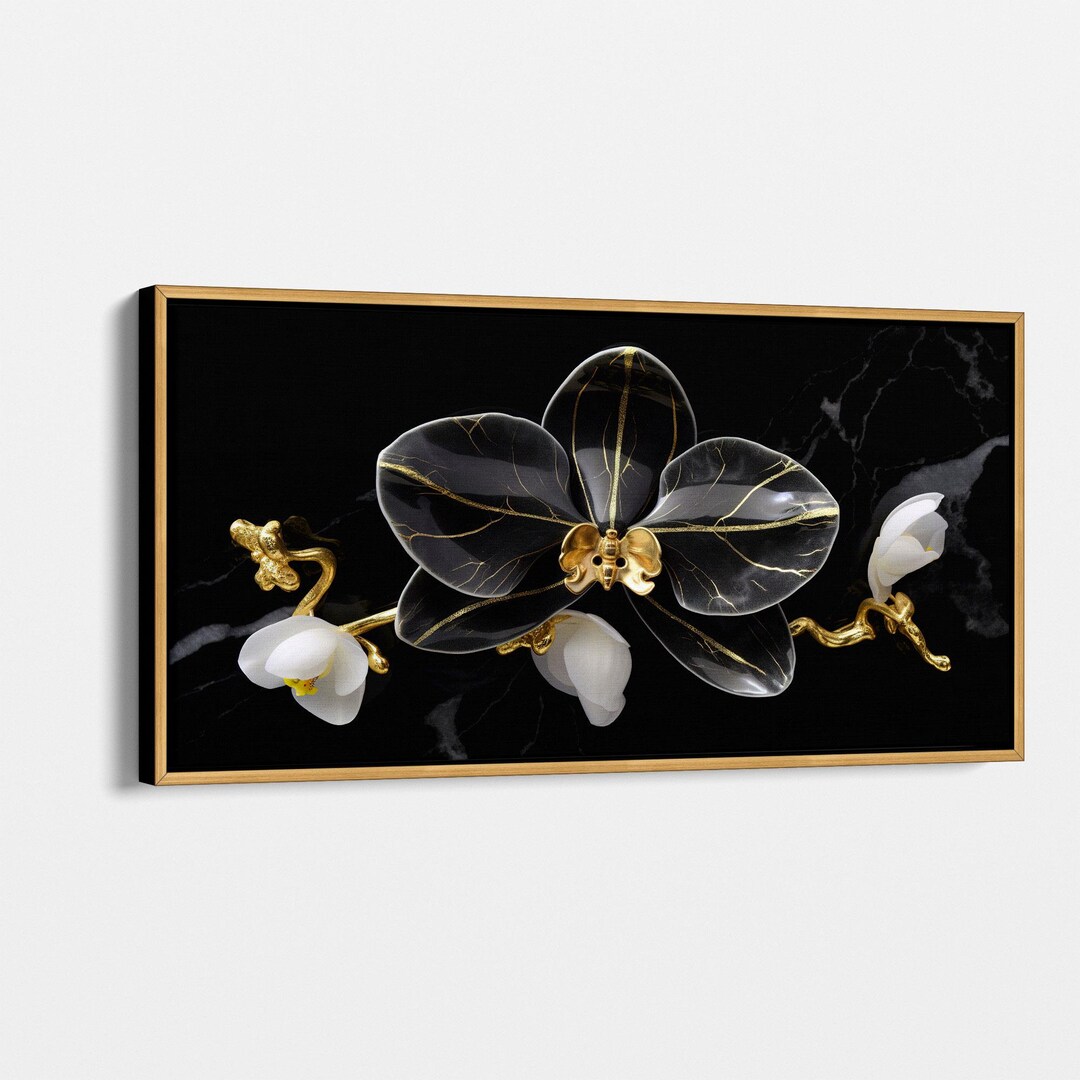 Elegant Black and Gold Orchid Canvas Print | Luxurious Floral Digital ...