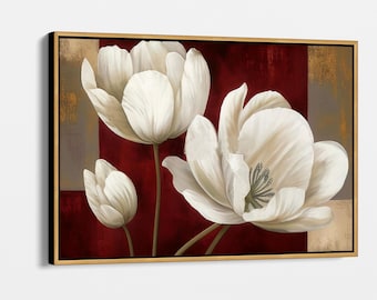 Classic White Tulip Canvas Art - Elegant Floral Wall Decor with Deep Red Background for Living Room or Bedroom, Tulip Canvas Print and Frame