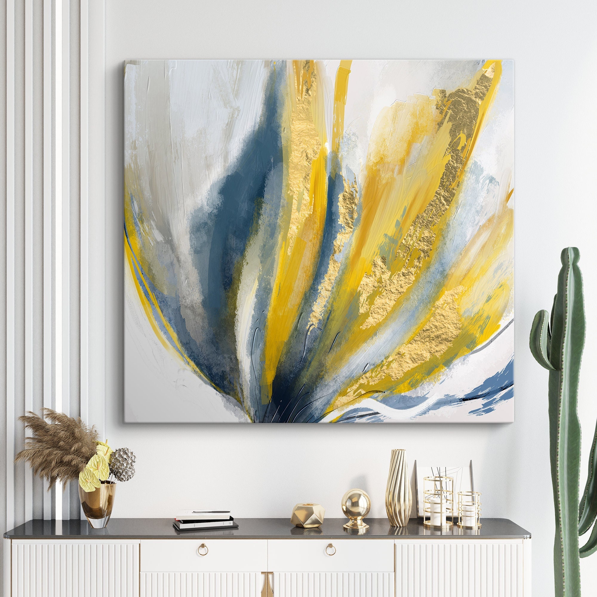 Abstract Yellow and Blue Flower Wall Art Canvas - Vibrant Modern Wall ...