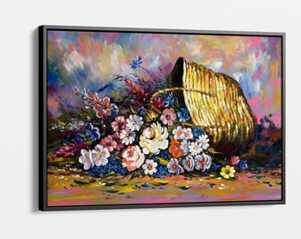 Bunter Blumenkorb-Leinwand - Lebendige Blumen-Wanddekoration - Helle, von der Natur inspirierte Kunstwerk für Wohnzimmer, Schlafzimmer, Büro, gerahmte Kunst