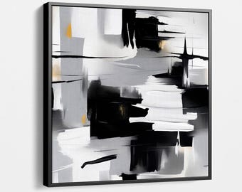 Monochroom abstracte canvaskunst met gewaagde zwart-witte penseelstreken, modern minimalistisch muurdecor