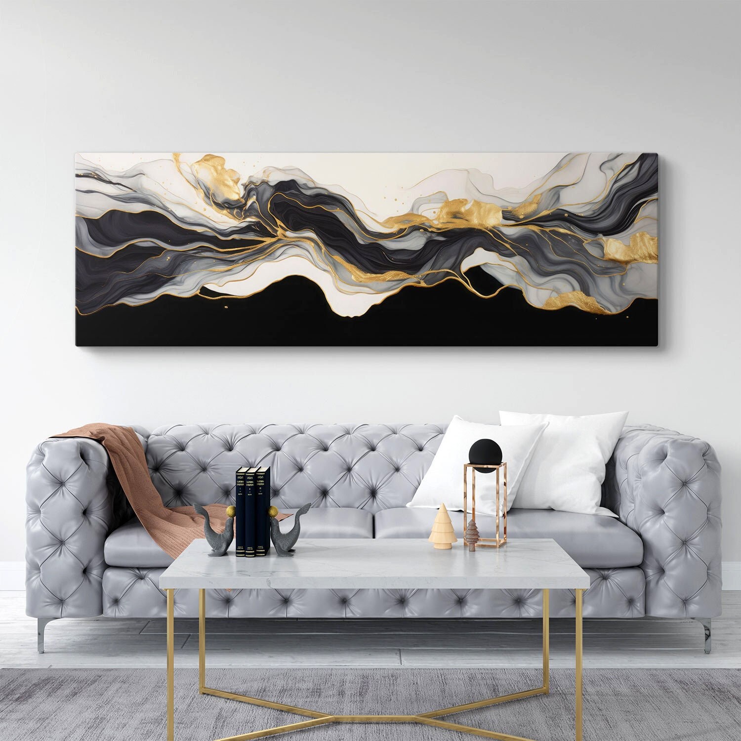Elegant Black and Gold Abstract Canvas - Extra Large Wall Art, Modern ...