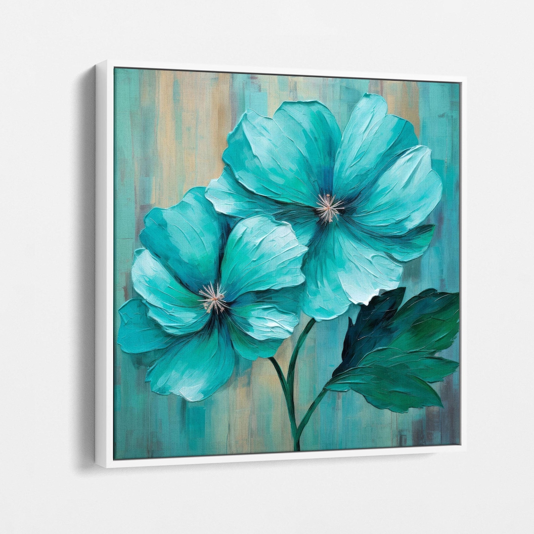 Vibrant Teal Floral Canvas Art, Bold Flower Wall Decor, Modern