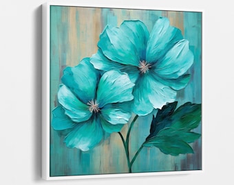 Vibrant Teal Floral Canvas Art, Bold Flower Wall Decor, Modern Botanical Print, Turquoise Petals Artwork, Large Canvas for Living Room