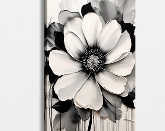 モノクロの花柄キャンバスアート - 黒と白の花の壁飾り - モダンな家の